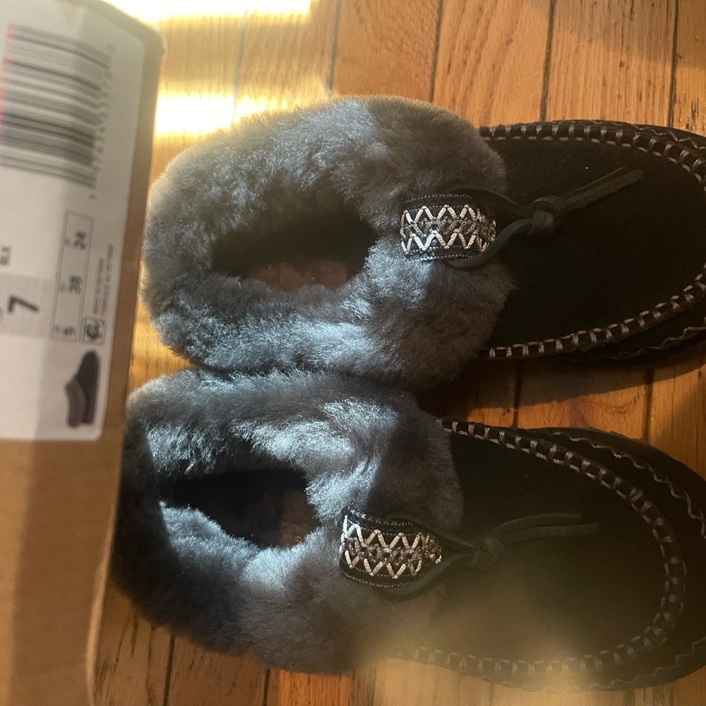 UGG Gray Faux-Fur Moccasin Slippers with Braided Accent